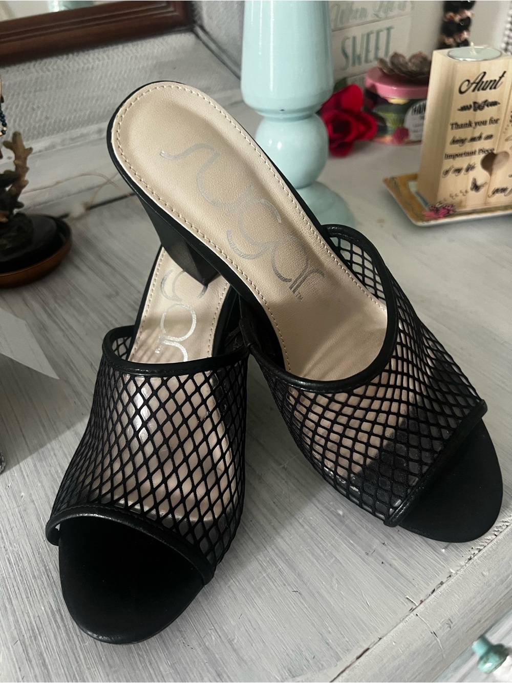 Sugar Black Mesh Open-Toe Slide Heels